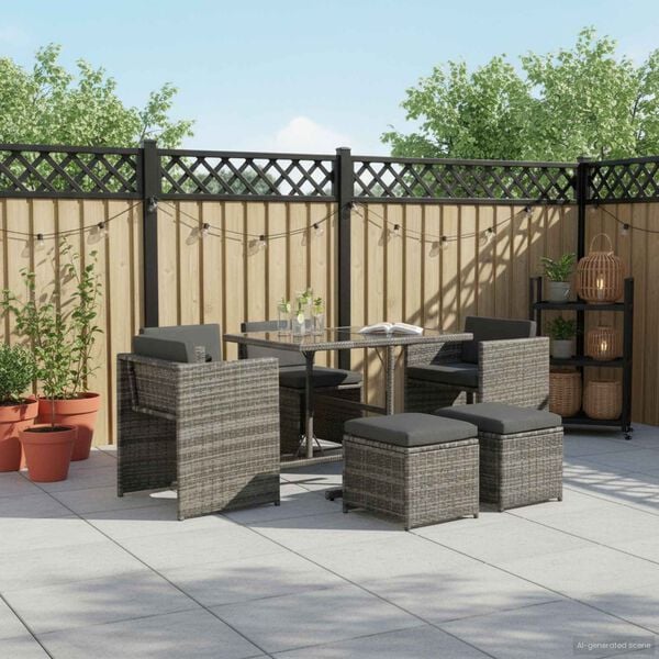 vidaXL Dining Set Grey PE Rattan, powder-coated steel, glass Standard