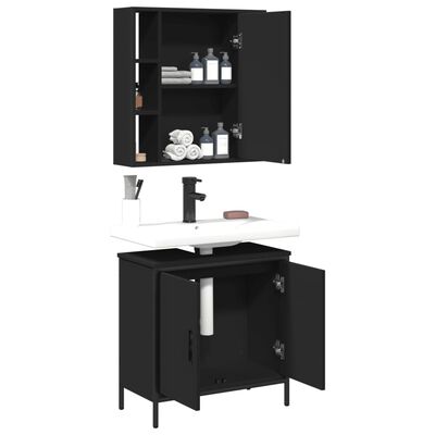 Open wall cabinet above a vanity with sink and lower cabinet doors, showing storage
