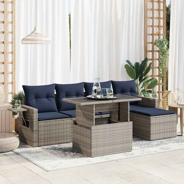vidaXL 6 Piece Patio Sofa Set with Cushions Gray Poly Rattan Acacia