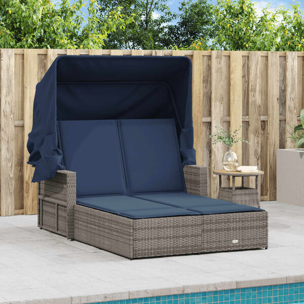vidaXL Double Sun Lounger Grey PE rattan, Navy blue cushions