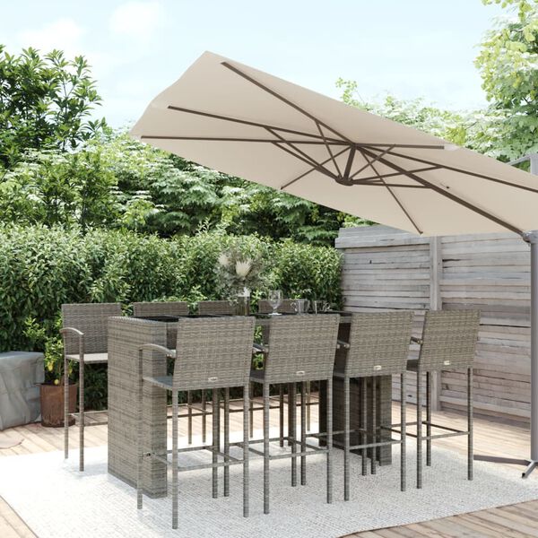 vidaXL Garden Bar Set Grey Poly Rattan Large Footrest Bar Table Set