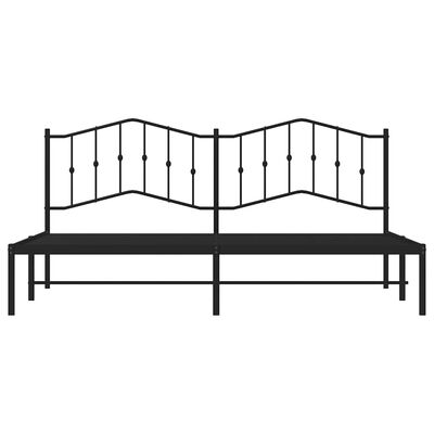 Full black metal bed frame with double headboard and vertical posts.
