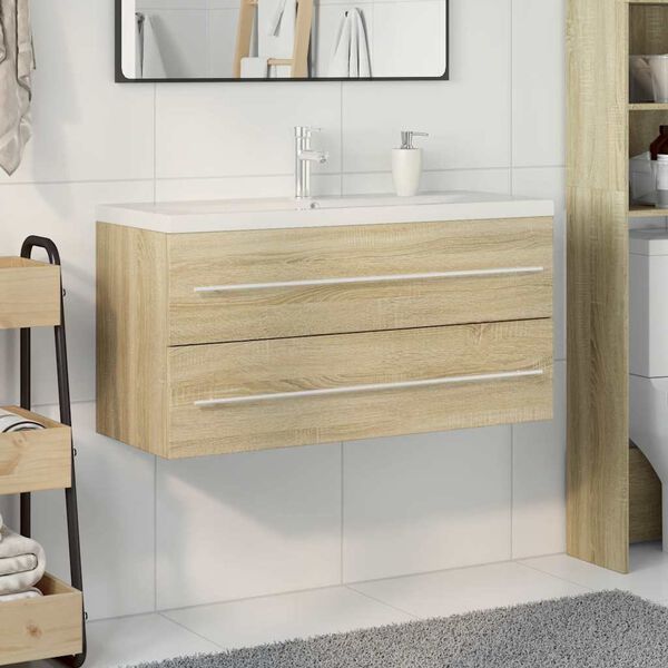 vidaXL Bathroom Furniture Set Sonoma oak, white Engineered wood, ceramic