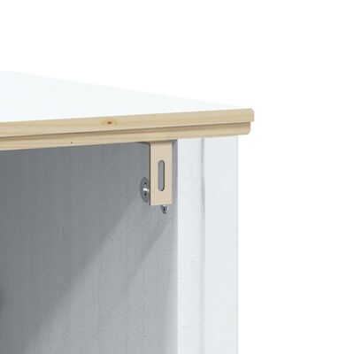 Close-up hinge/door hardware on a white cabinet.