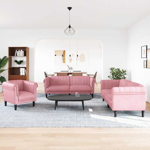 vidaXL Sofa Set Pink Velvet (100% polyester), plywood, solid wood