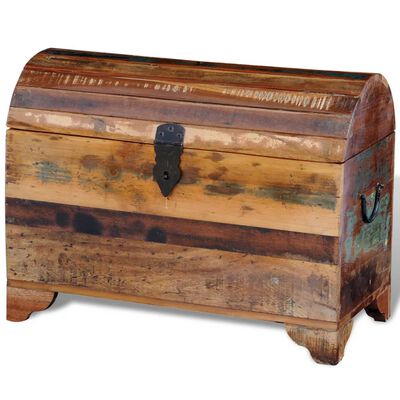 A rustic wooden chest with curved lid and weathered paint patches, metal latch.