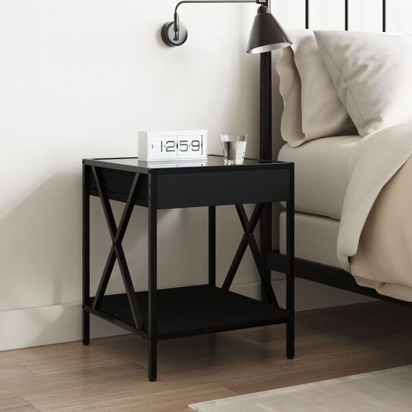 vidaXL Bedside Table Black Engineered wood, glass and steel Medium