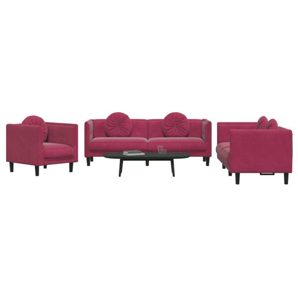 vidaXL 3 Piece Sofa Set with Pillows Wine Red Velvet