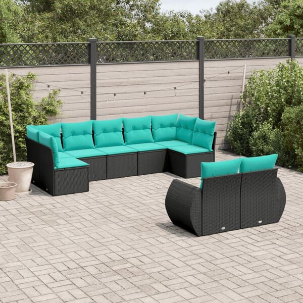 vidaXL Patio Sofa Set Black Poly Rattan 9-Piece Set Adjustable Feet
