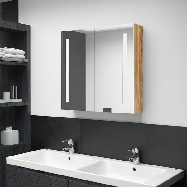 vidaXL Bathroom Cabinet White and Oak MDF and Glass Medium