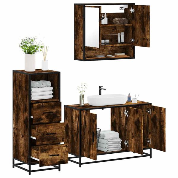 vidaXL Bathroom Furniture Set Smoked Oak Engineered Wood, Metal, Glass