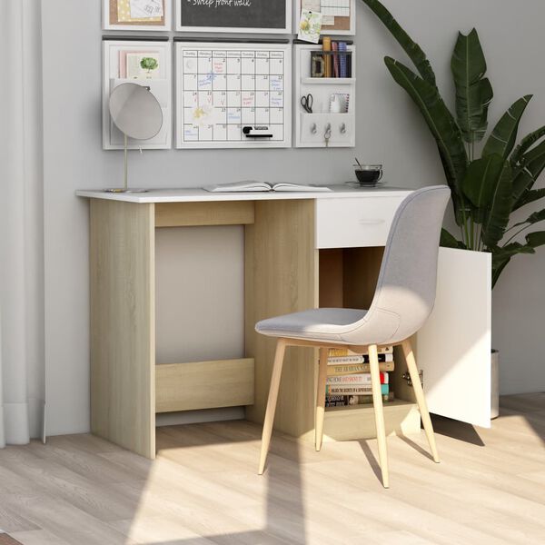 vidaXL Desk White and Sonoma Oak Engineered Wood Medium Desk