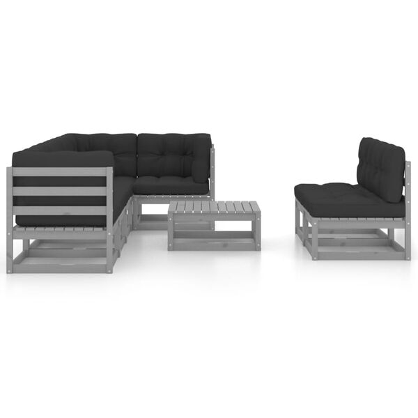 vidaXL Garden Lounge Set Grey Solid pine wood, 100% polyester fabric