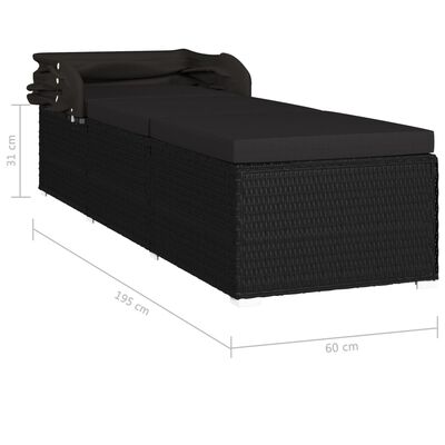vidaXL Sun Lounger with Canopy and Cushion Poly Rattan Black