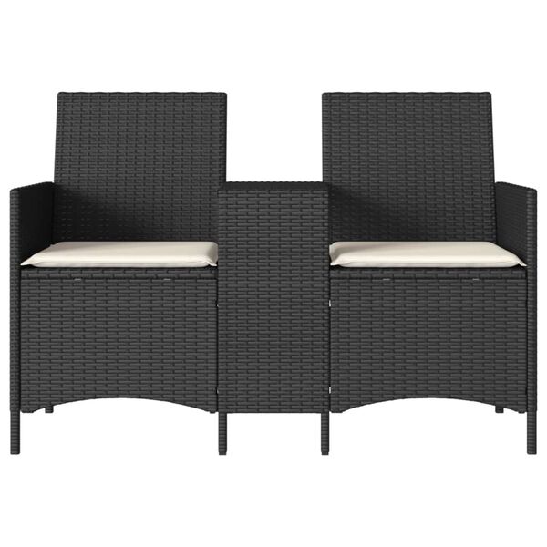 vidaXL Patio Sofa 2-Seater with Table and Cushions Black Poly Rattan