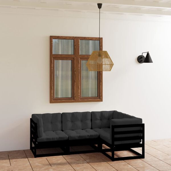 vidaXL Garden Lounge Set Black Solid pine wood, 100% polyester Medium
