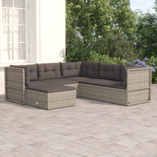 vidaXL Garden Lounge Set Grey PE Rattan, Powder-Coated Steel 6 Piece Set