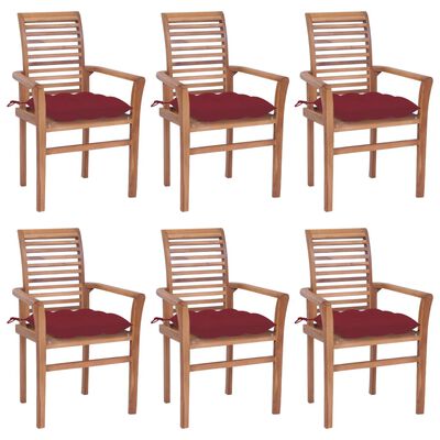 vidaXL Dining Chairs 6 pcs with Wine Red Cushions Solid Teak Wood