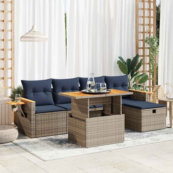 vidaXL 6 Piece Patio Sofa Set with Cushions Gray Poly Rattan Acacia