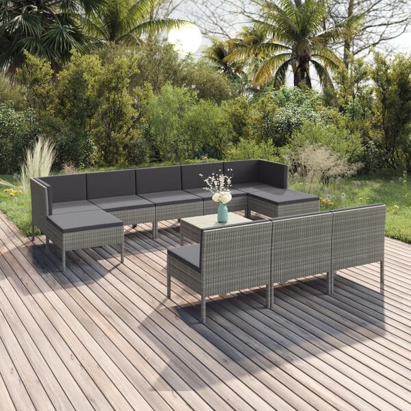 vidaXL Garden Lounge Set Grey PE rattan, powder-coated steel, polyester