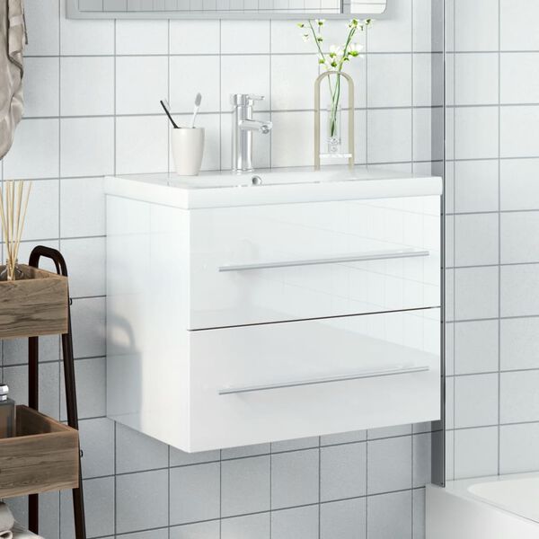 vidaXL Bathroom Sink Cabinet High gloss white Engineered wood, Ceramic