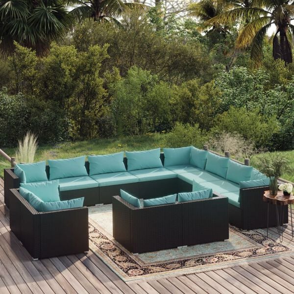 vidaXL Garden Lounge Set Black Poly Rattan, Water Blue Cushions