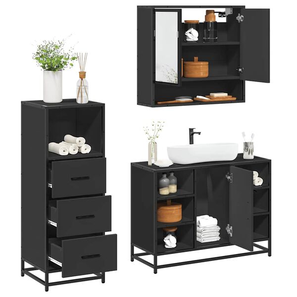 vidaXL Bathroom Furniture Set Black Engineered wood, metal, glass Standard