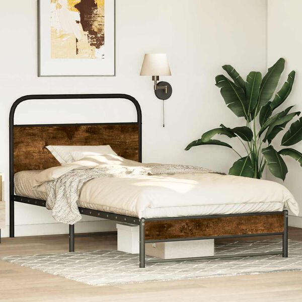 vidaXL Bed Frame Smoked Oak Steel Twin Bed Frame Rectangular