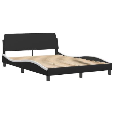 Black bed frame with slatted wooden base visible, no mattress, curved white rails.