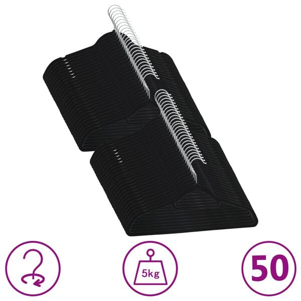 vidaXL Hanger Set of 50 Black ABC plastic, zinc alloy, velvet Standard