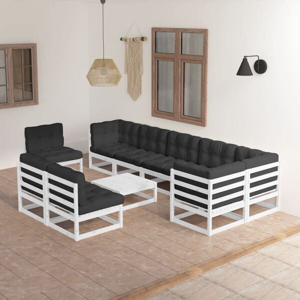 vidaXL Garden Lounge Set White Solid Pine Wood, Polyester Fabric Large