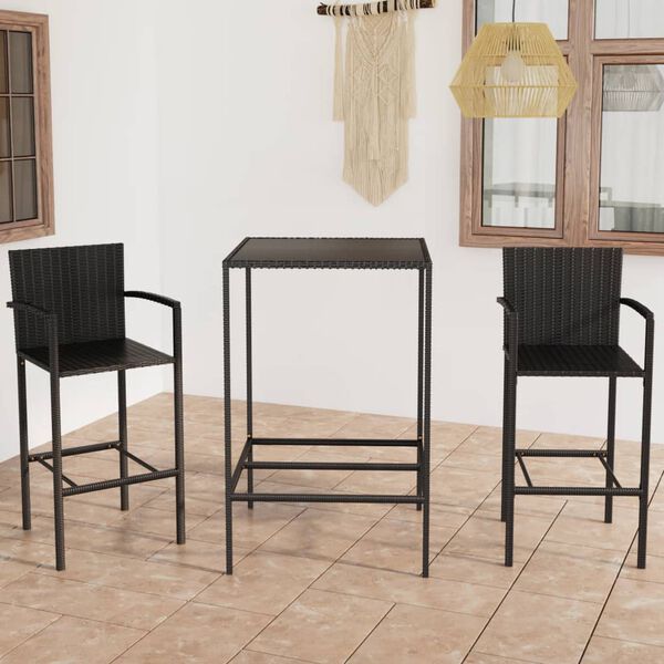 vidaXL Garden Bar Set Black PE Rattan, Powder-Coated Steel, Tempered Glass