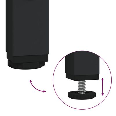 Close-up of adjustable leveling foot on a dark cabinet leg