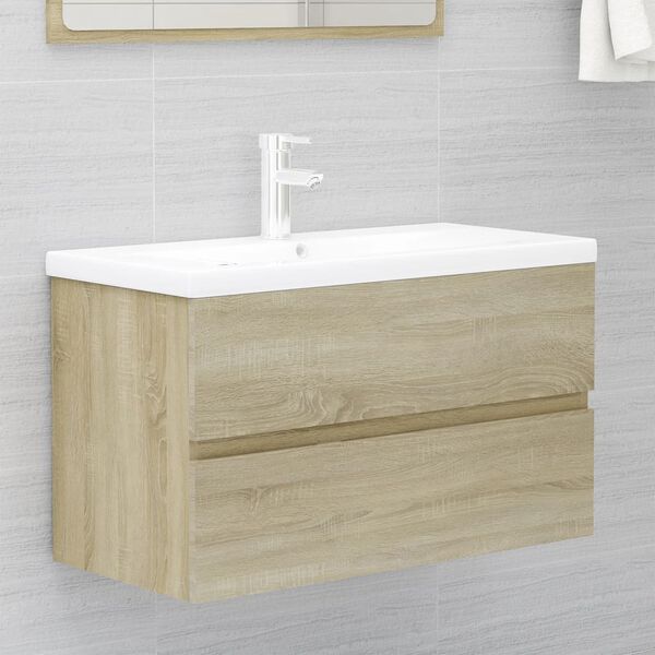 vidaXL Sink Cabinet With Basin Sonoma oak, white Engineered wood, ceramic