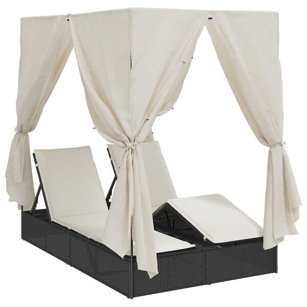 vidaXL Double Sun Lounger with Roof Black 205 x 129 x 200 cm PE rattan