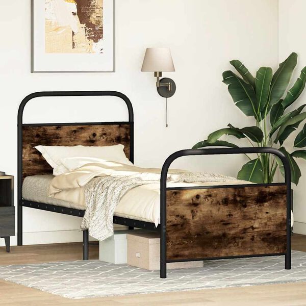 vidaXL Bed Frame Smoked Oak Steel, Engineered Wood Small Single
