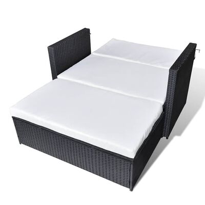Two-seat sofa with extended chaise and white cushions, no armrests on the near side.