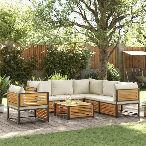 vidaXL Garden Sofa Set Cream, Brown Solid Acacia Wood, Powder-Coated Steel