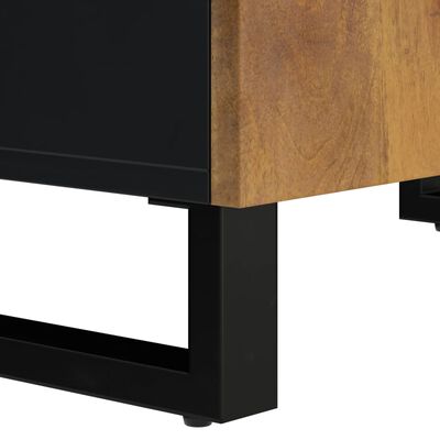 Close-up of the base frame and leg of a black metal cabinet.