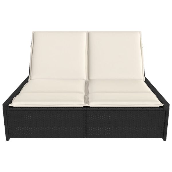 vidaXL Double Sun Lounger Black and Cream White PE Rattan Double