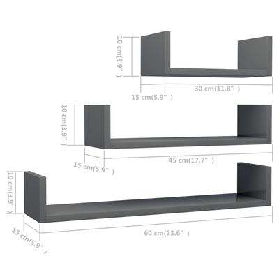 vidaXL Wall Display Shelf 3 pcs High Gloss Gray Chipboard