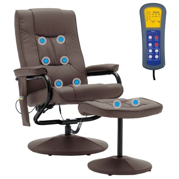 vidaXL Massage Recliner With Ottoman Brown Faux Leather Standard Swivel