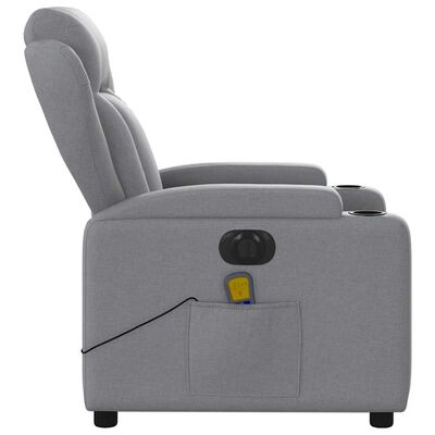 Side view of grey recliner with built-in cup holder