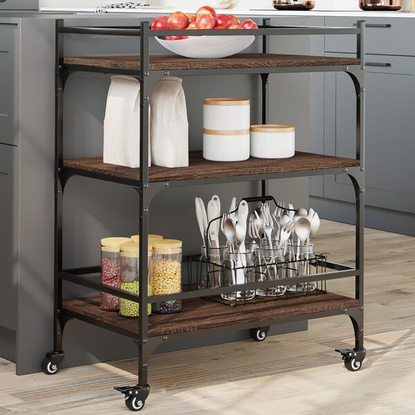 vidaXL Kitchen Trolley Brown Oak 25.6"x15.7"x34.1" Engineered Wood