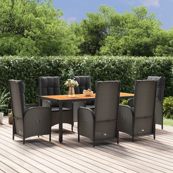 vidaXL Garden Dining Set Black Poly Rattan, Acacia wood, Powder-Coated Steel