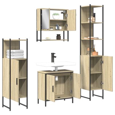 Rustic brown metal and wood bathroom furniture set with wall-mounted cabinet, open shelf unit, tall cabinet, and vanity cabinet with sink.