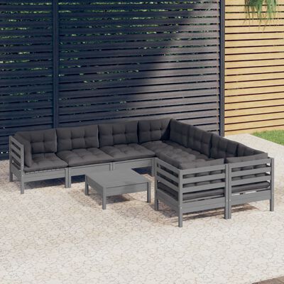vidaXL 9 Piece Patio Lounge Set with Cushions Gray Pinewood