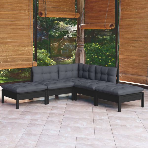 vidaXL Garden Lounge Set Black Solid pine wood, fabric (100% polyester)