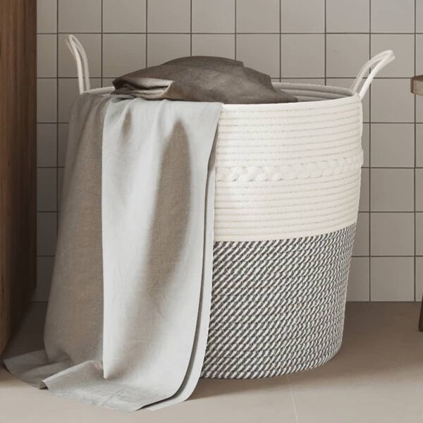 vidaXL Storage Basket Grey and White 100% Cotton Medium Collapsible