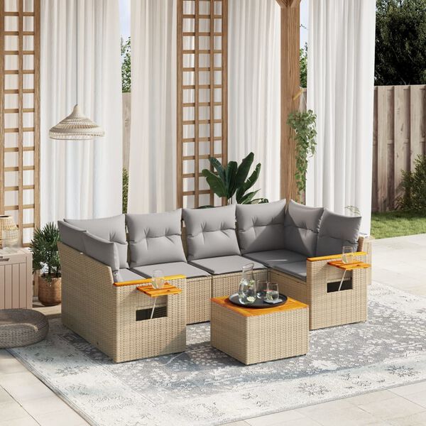 vidaXL Garden Sofa Set Beige PE rattan 7 Piece Set Adjustable Armrests